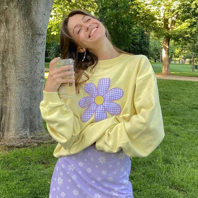 Aesthetic sweet daisy pattern oversized Hoodies y2k Kawaii winter streetwear long sleeve Casual yellow women sweetshirts tops