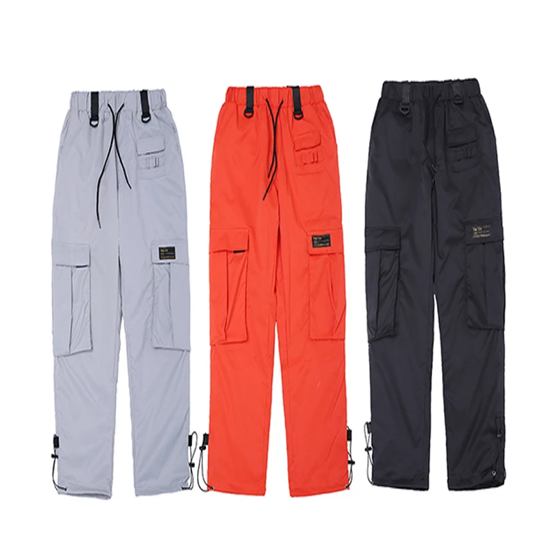 

19SS Men Women Hip Hop Stretch Sports Pants High Street Casual Jogging Sports Pants Multi Pockets Decorative Orange Black Pants