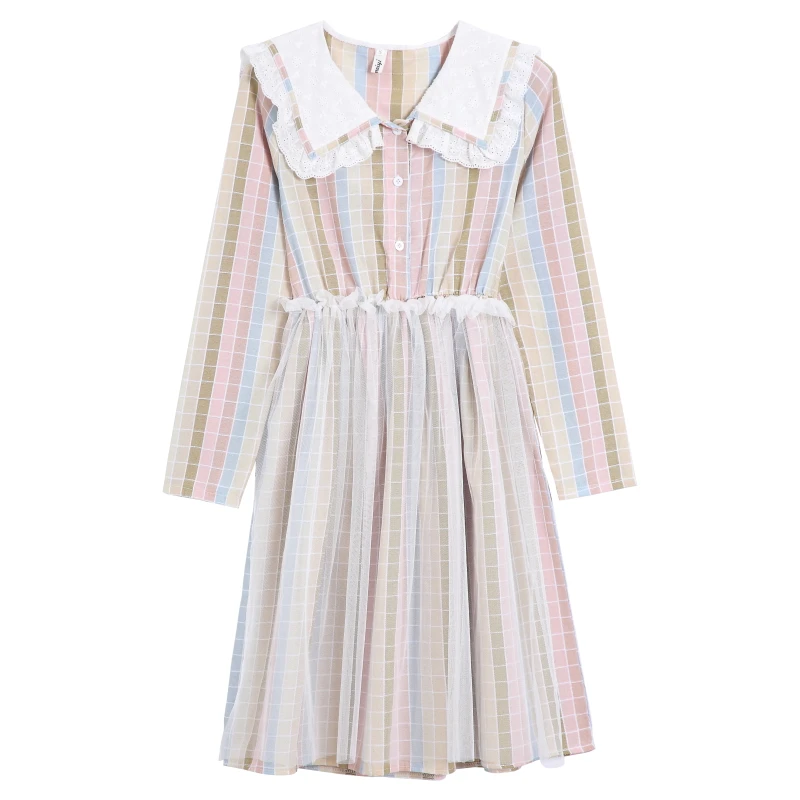 Новое Осеннее модное цветное милое платье в клетку женское Сетчатое с длинным