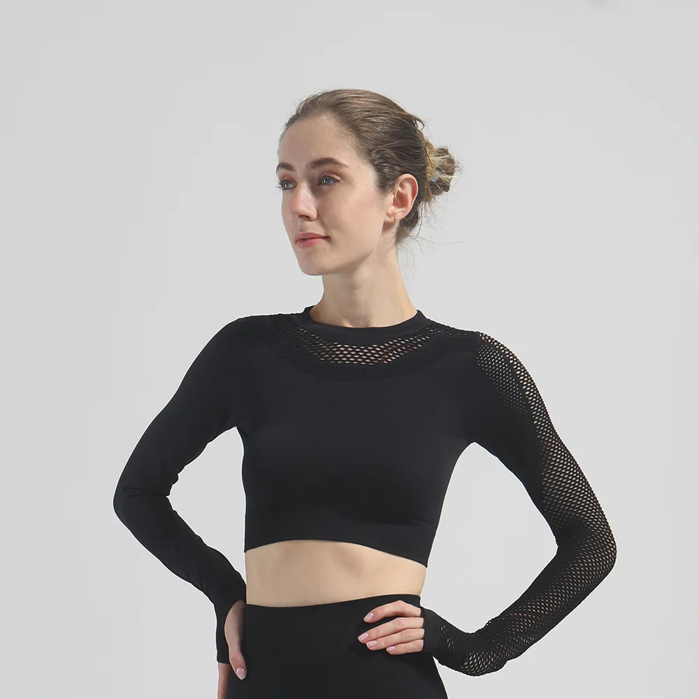 

Peachmiss Seamless Mesh Yoga Shirt Long-sleeved Running Shirts Women Thumb Hole Solid Sports Pullover Fitness Gym Crop Tops