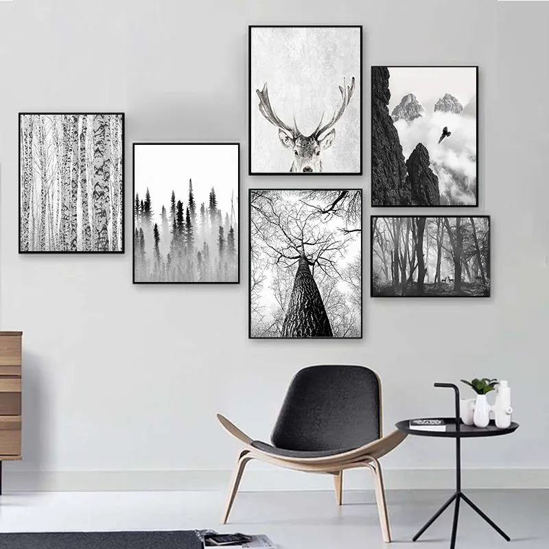 

Scandinavian Forest Deer Eagle Black White Landscape Canvas Poster Nordic Wall Art Print Minimalist Painting Living Room Picture
