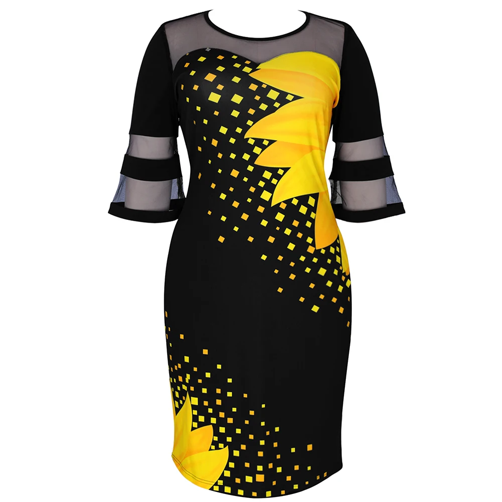 Plus Size Summer Women's Dress 2022 Elegant Mesh Sunflower Print Evening Party Dresses Bodycon Wedding Club Night Outfits ​5XL