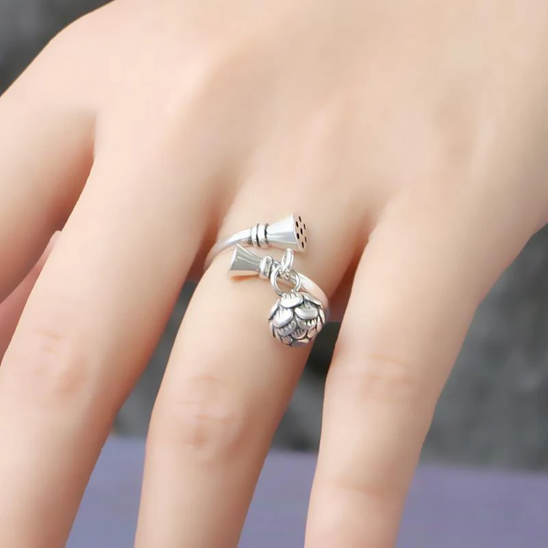 

Lotus bell S silver retro Korean version of the hipster exaggerated charm open buckle adjustable women's ring