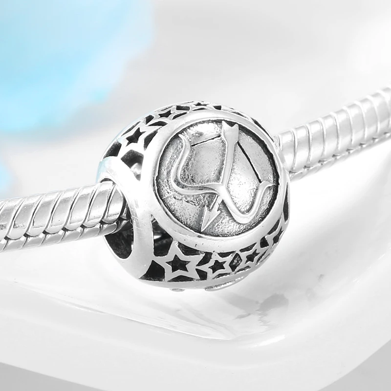 925 Sterling Silver round Sagittarius 12 Constellation zodiac Bead Fit Original European Charm Bracelet Jewelry making | Украшения и