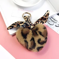 cute leopard faux rabbit fur car keychain women fashion pompom heart hairball key chain school bag backpack pendant accessories