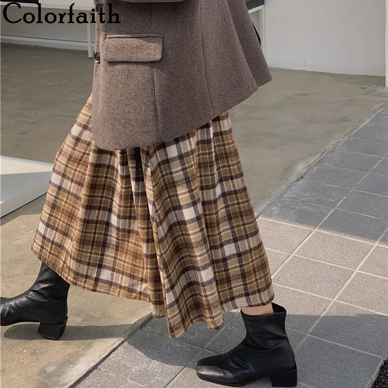 

Colorfaith New 2022 Checkered Vintage Woolen Pockets Lady Plaid Fashionable Tweed Spring Autumn Women Wild Long Skirts SK5217