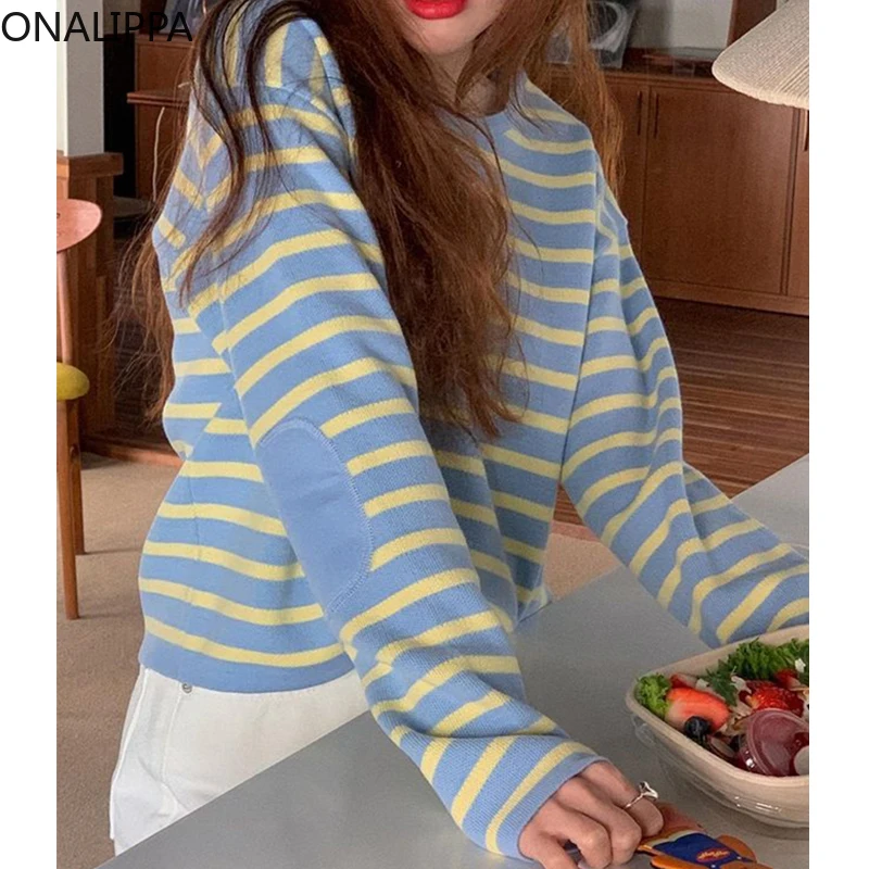 

Onalippa Women Pullover 2021 Early Autumn Lazy Macarons Color Round Neck Striped Patch Design Loose Long-Sleeved Knitted Sweater