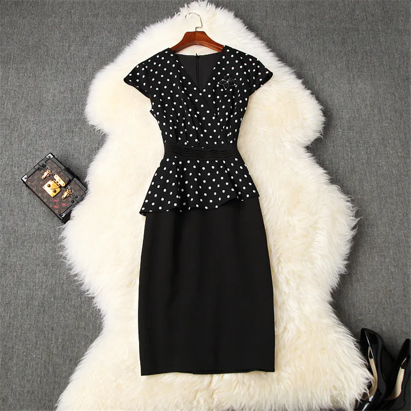 

2020 New Runway Designer Summer Office Dress for Women Fashion Clothes Elegant V Neck Polka Dot Print Vintage Pencil Dress Party
