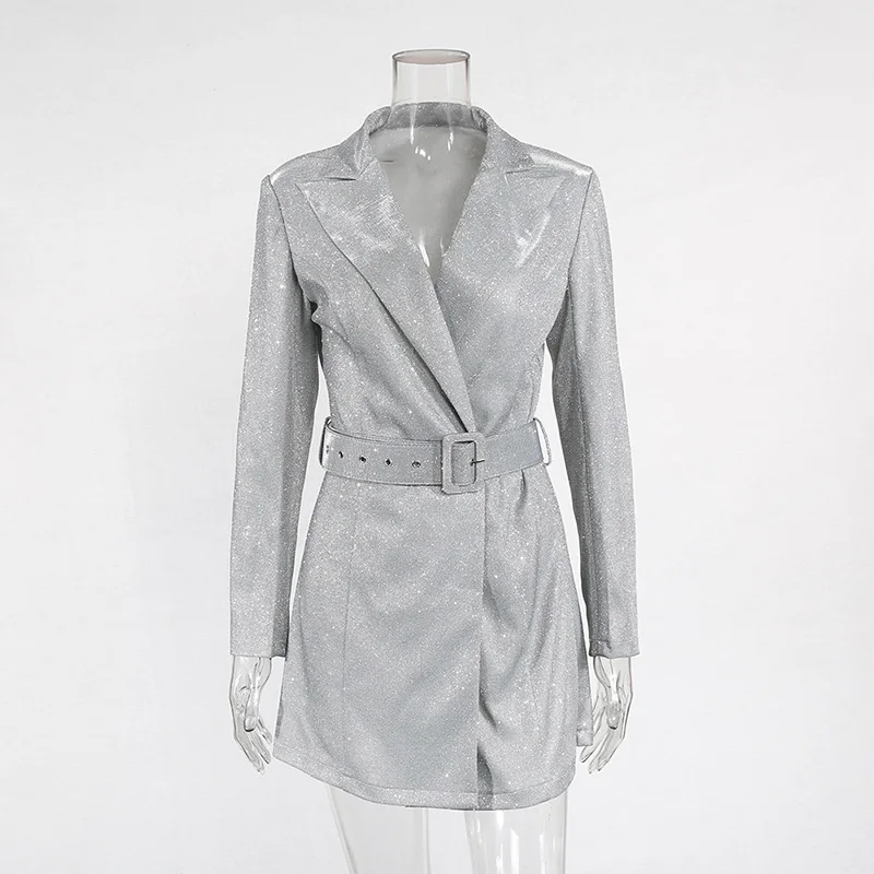Женское блестящее короткое платье-блейзер с длинным рукавом | Женская одежда