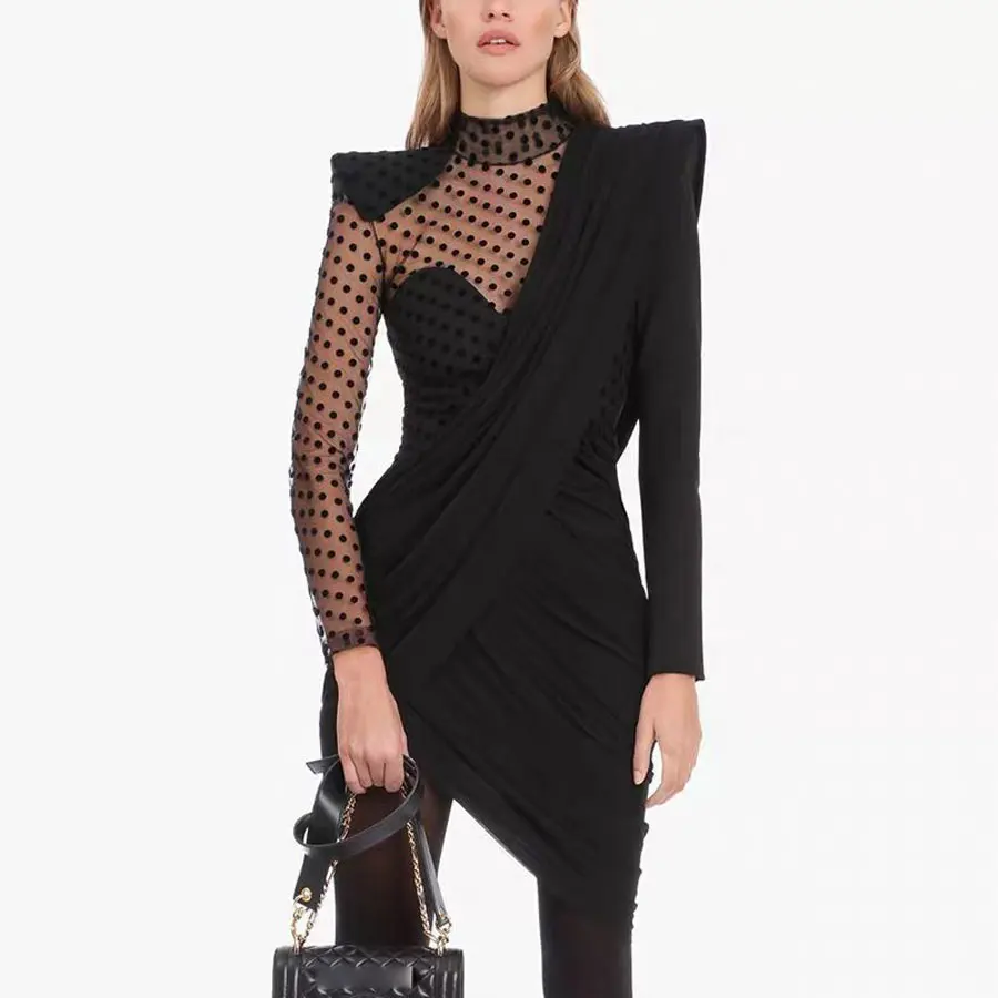 2019 зимнее платье с длинным рукавом в горошек Сетчатое мини высокое качество