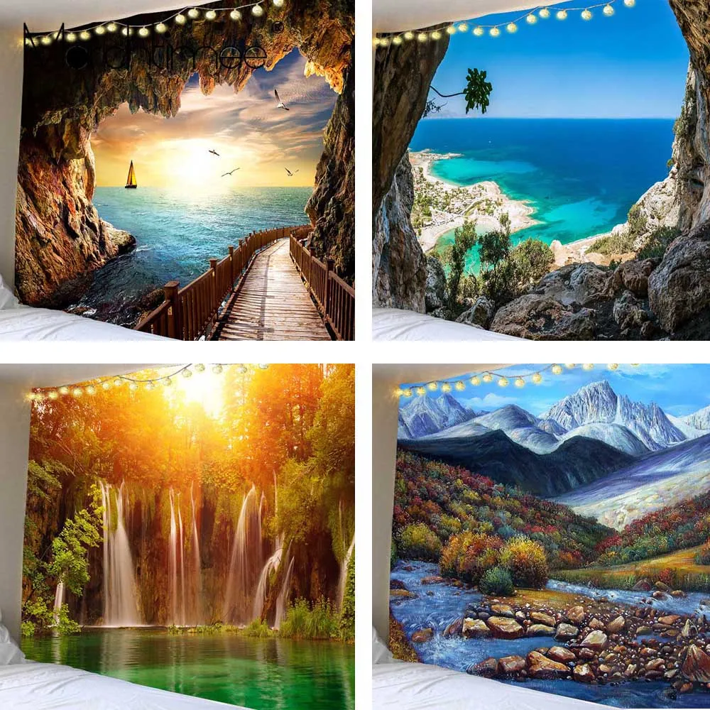 Beautiful Cave Waterfall Print Tapestry Beach Landscape Wall Hippie Tapestries Polyester Fabric Home Decor Rug Carpet Blanket