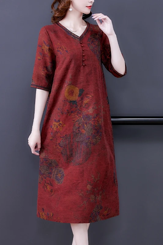 

COIGARSAM 4XL Plus Size Vintage Loose Women dress New Spring Summer V-Neck Dresses Green Red 6258