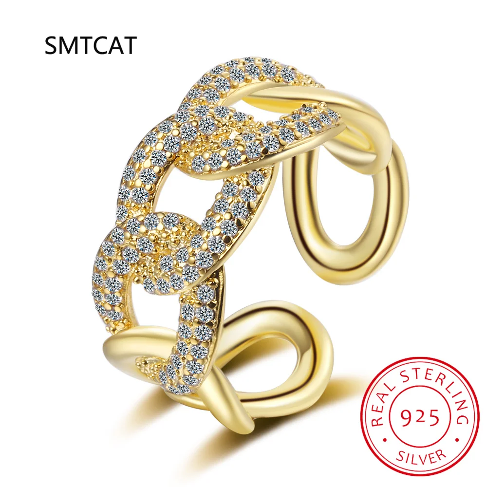 

High Quality Fashion 925 Sterling Silver Geometric chain gold color Adjustable Rings For Women Wholesale Jewelry