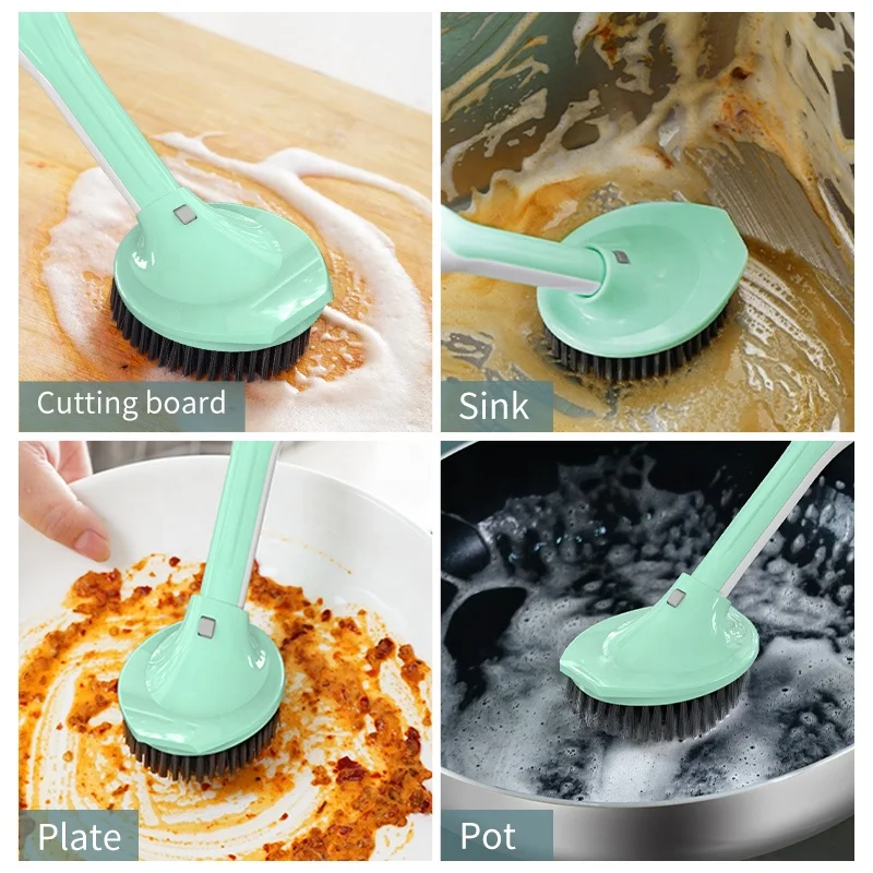 

Press Type Kitchen Plastic Automatic Liquid Adding Long Handle Pan Pot Dish Cleaning Brushes with Replaceable Nylon Brush Head