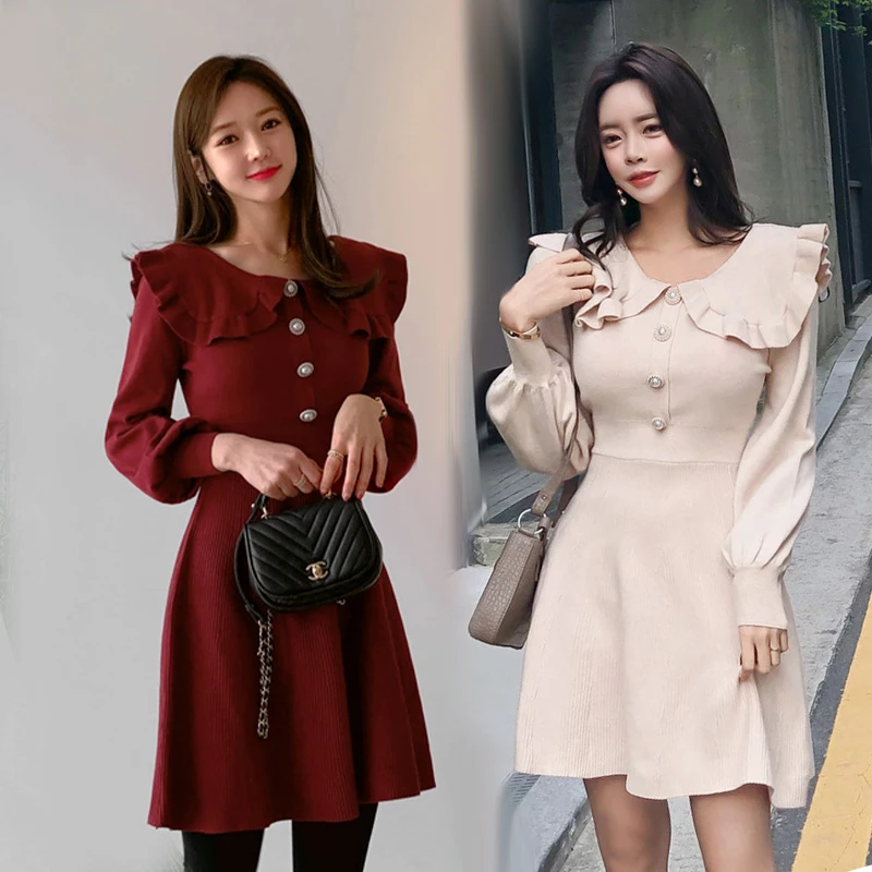 

Elegant Lantern Sleeve A-line Knitted Dress Temperament Ruffles Neck High Quality Sweater Dress Women Autumn Winter Dress