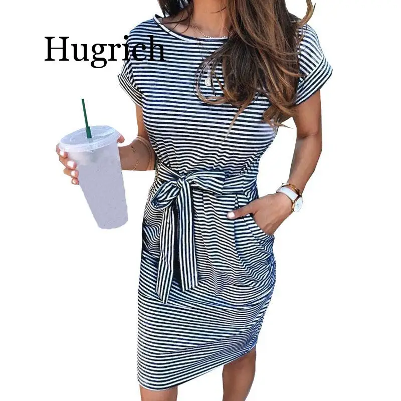 

Black Striped Dress Women Fashion Round Collar Short Sleeve Tight Waist Bow Pocket Dress Office Ladies Party Slim Pencil Dress