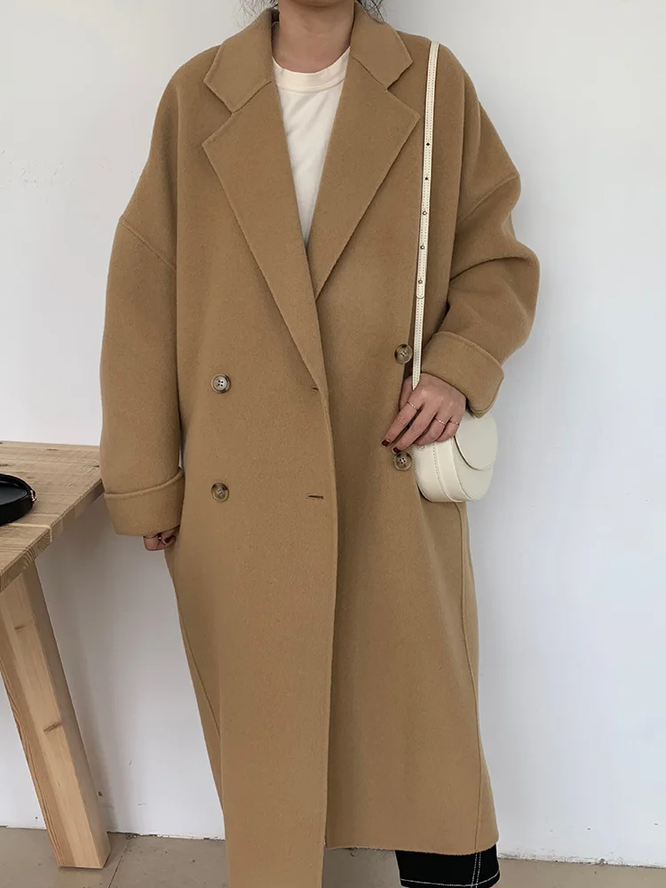 

2021 X-long Hand-stitched Double-sided Cashmere Coat Autumn Women's Cashmere Wool Blends Coat Winter Jacket Women Streetwear