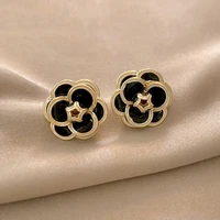 french retro classic small camellia charm fashion womens gold stud earrings premium temperament petal earrings