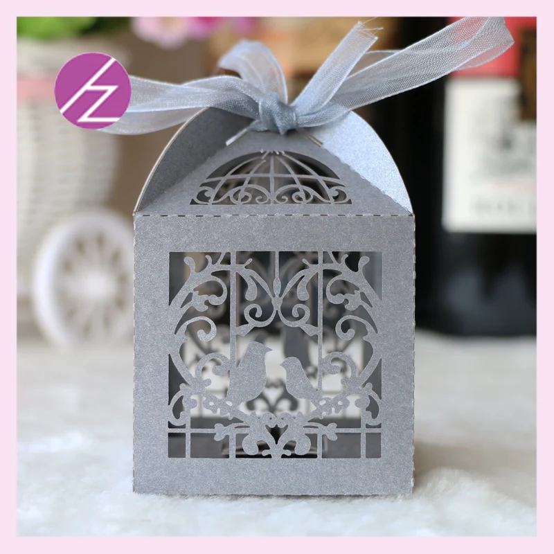 

100pcs/lot Laser Cut Exquisite Birds Patterns Candy Boxes Happy Eid Boxes Bridal Birthday Box With Ribbons