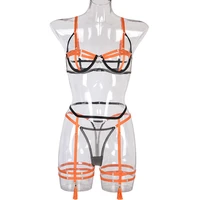 women sexy three piece lingerie set orange underwear t shaped panties and suspender garter