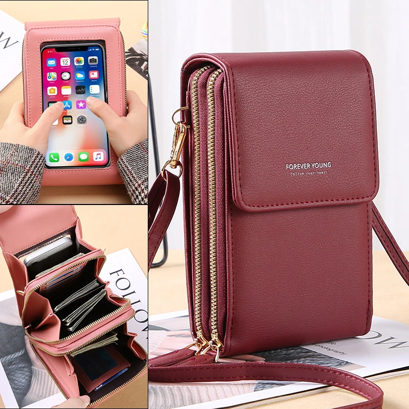 

New Women`s Bags PU Leather Korean Fashion Female Shoulder Bag Mini Multifunction Touch Phone Bag Card Clips Schoolgirl Handbag