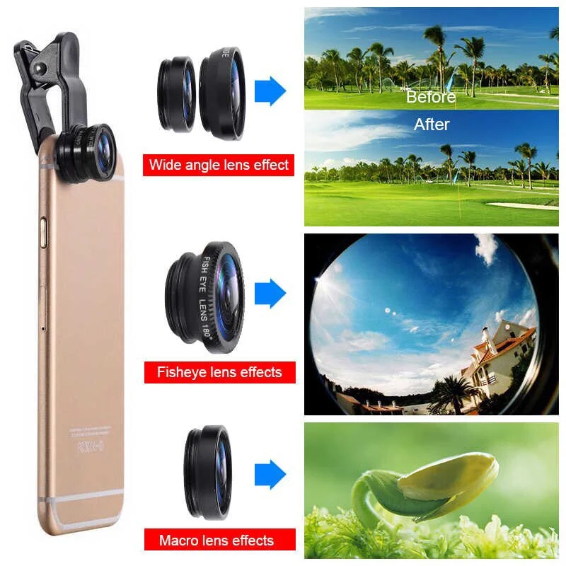 3-in-1 Multifunctional Phone Lens Kit Fish Lens+Macro Lens + Wide Angle Lens Transform Phone Into Professional Camera