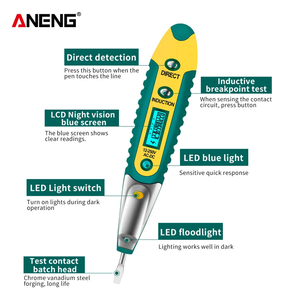 ANENG AC/DC 12-250V Non-contact LCD Digital Display Tester Screwdriver Power Outlet Electrical Voltage Detector Pen with Light |