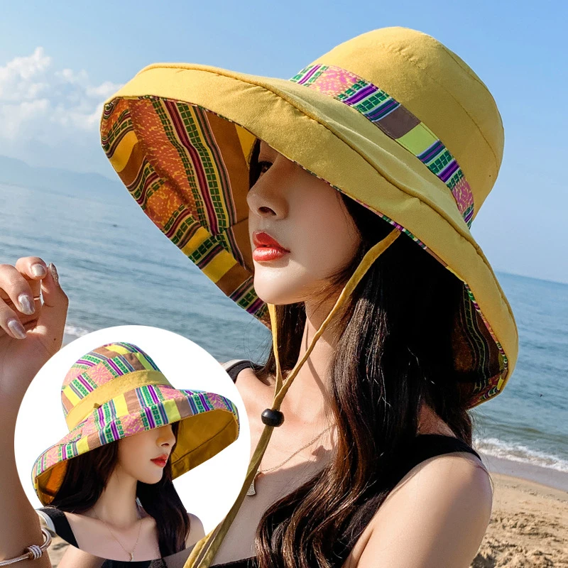 Шляпка от солнца с широкими полями женская Пляжная Панама в полоску складная