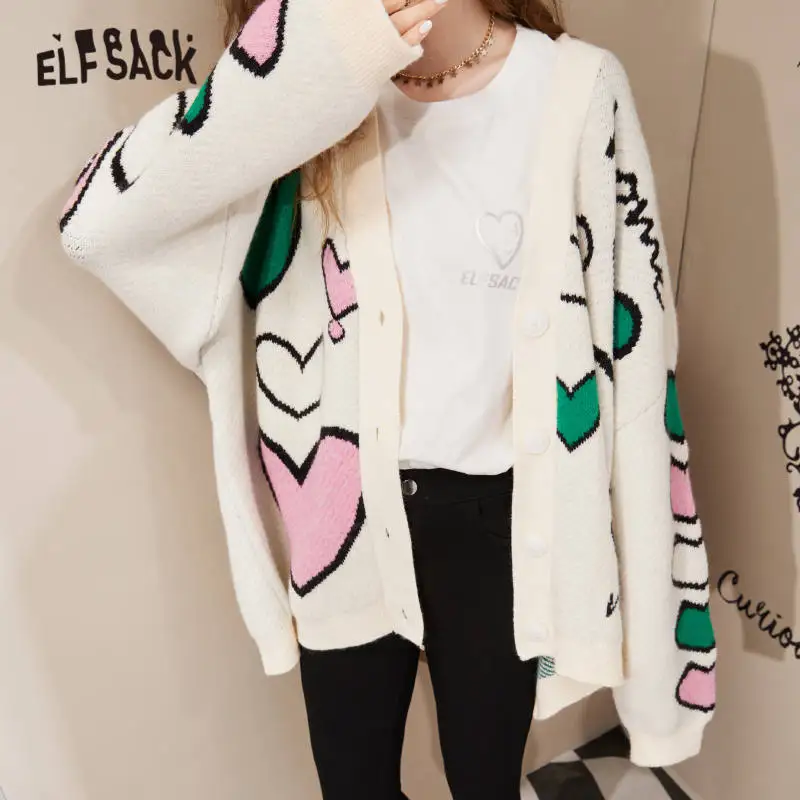 

ELFSACK Love Jacquard Chic Single Breasted Knit Casual Women Cardigan 2021 Autumn Vintage Applique Girly Daily Knitwear