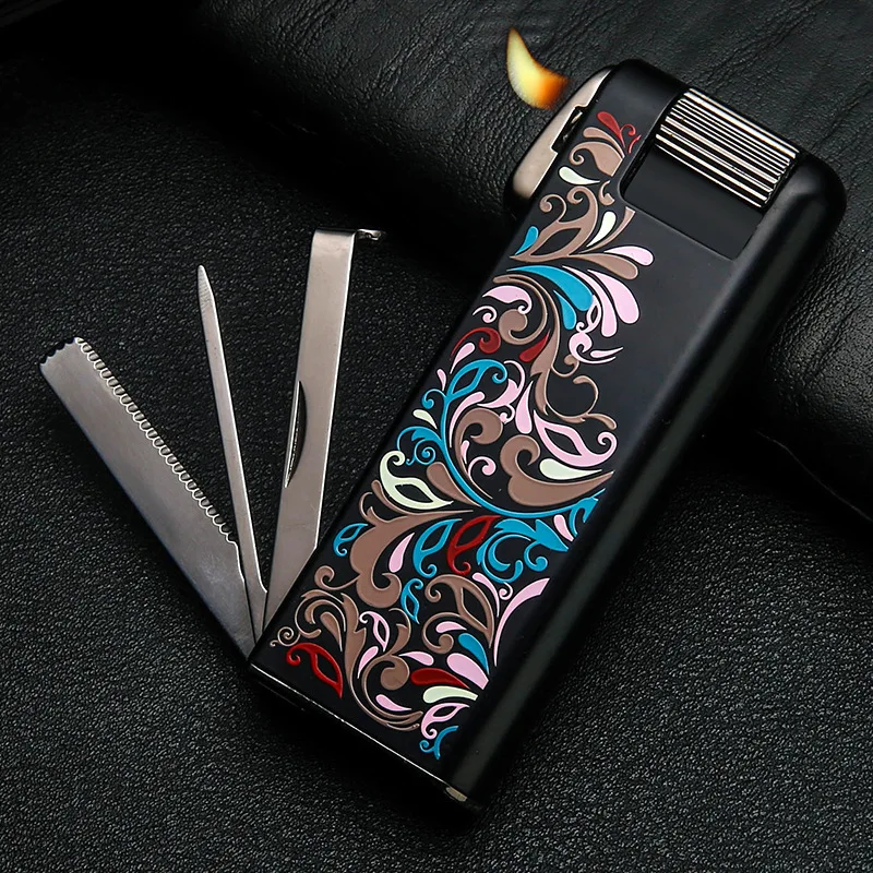 

Multifunctional Special Lighter Pipe Machine Inclined Fire Retro Open Fire Lighter with Cigarette Knife Pressure Bar Scraper