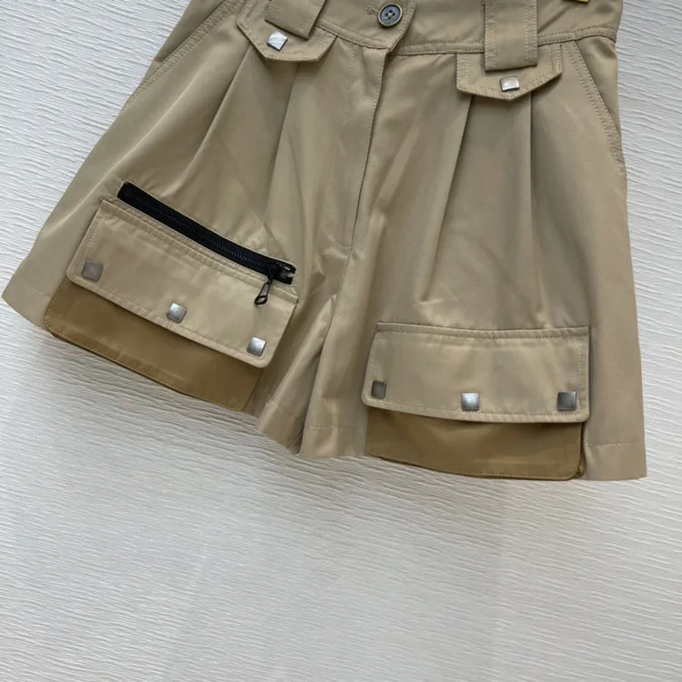 

Fashion Brand Apricot Cotton Shorts 2021 New Retro Big Pocket High Waist Cargo Pants Office Lady Versatile Stright Casual Shorts