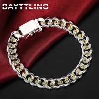 bayttling silver color 8 inch gold side cuban chain bracelet 10mm bangle for men and women fashion wedding jewelry gifts