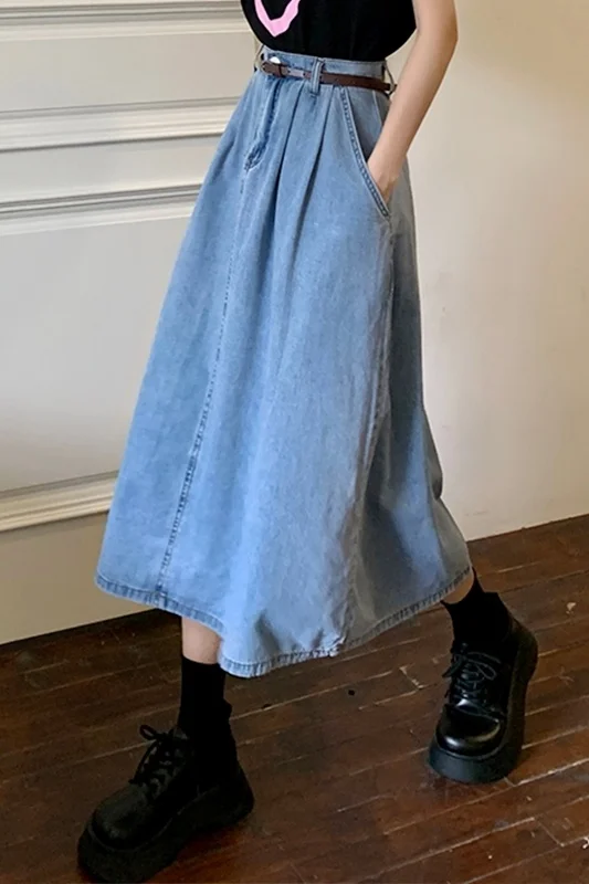 Женская джинсовая юбка средней длины летняя трапециевидная с высокой талией и