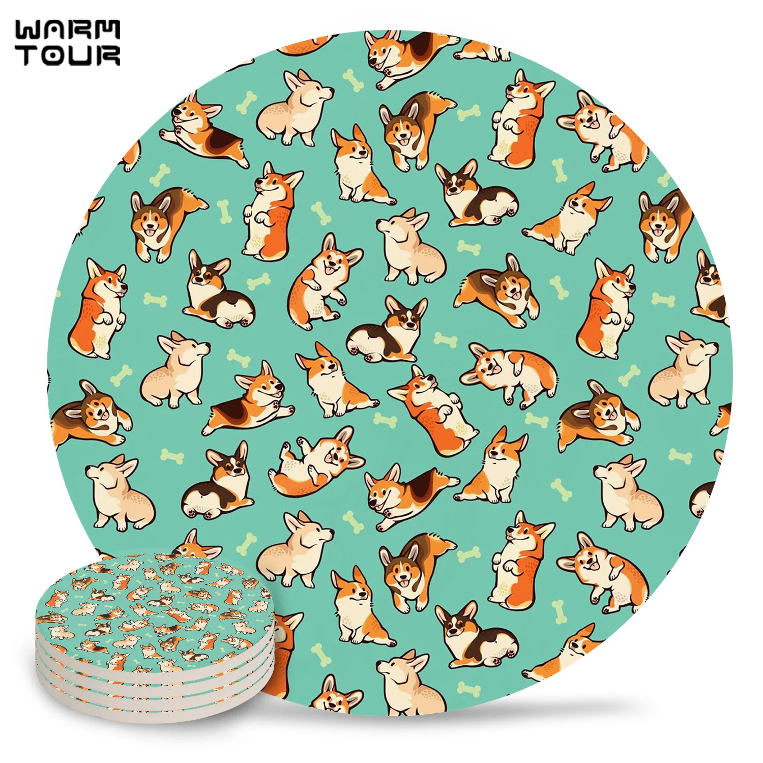 

4/6/8 PCS Corgi Animal Pet Green Placemat Ceramic Drink Coasters Table Decoration Kitchen Accessories Absorbent Moisture