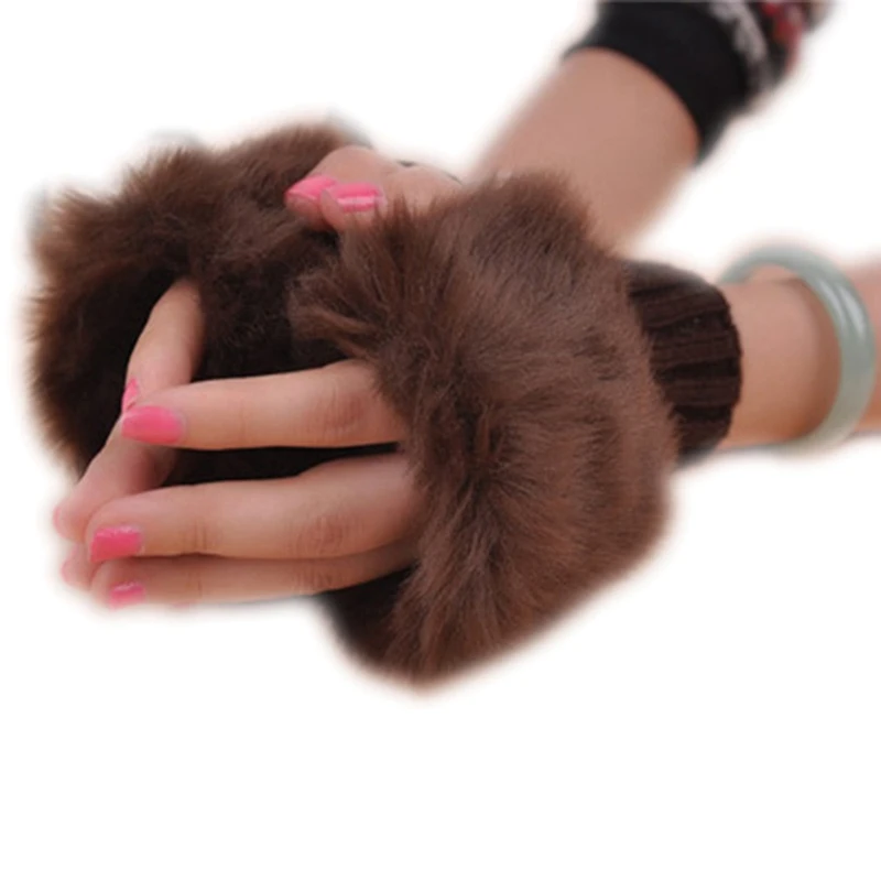 

Winter Gloves Female Fingerless Gloves Without Fingers Pompom Faux Fur Wrist Mittens Knit Patchwork Guantes Plush