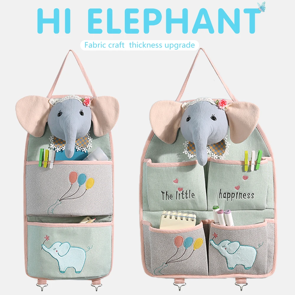 Cotton Linen Organize Hanging Bags Wall-Mounted Home Study Bathroom Kitchen Storage Bag Cartoon Multilayer Baby Elephant Set