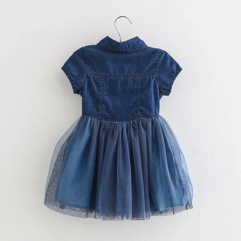 Vestido vaquero de manga corta para ni&ntilde;as, ropa informal de empalme con cuello vuelto, a la moda, para verano-1