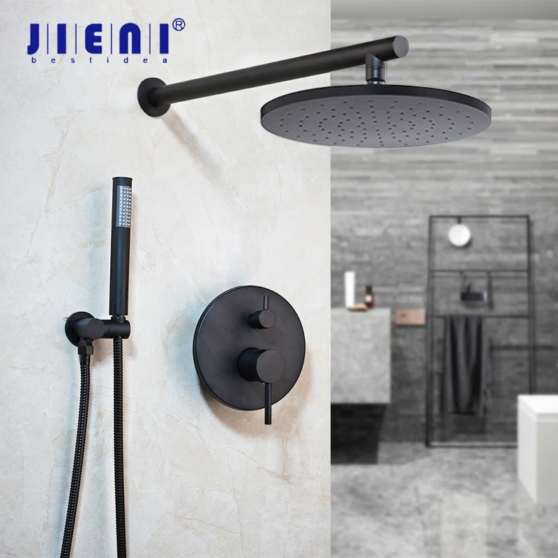 

JIENI 8 Inch Matte Black Round Rainfall Bathroom Shower Faucet Wall Mounted Rain Shower Faucet Mixer Head & Hand Shower Set