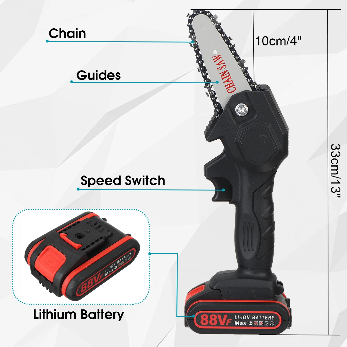 Mini motosierra eléctrica de 4 pulgadas, 88V, 1080W, con 2 Batería de PC, recargable, herramienta para podar el jardín para trabajar la madera con una sola mano, enchufe europeo