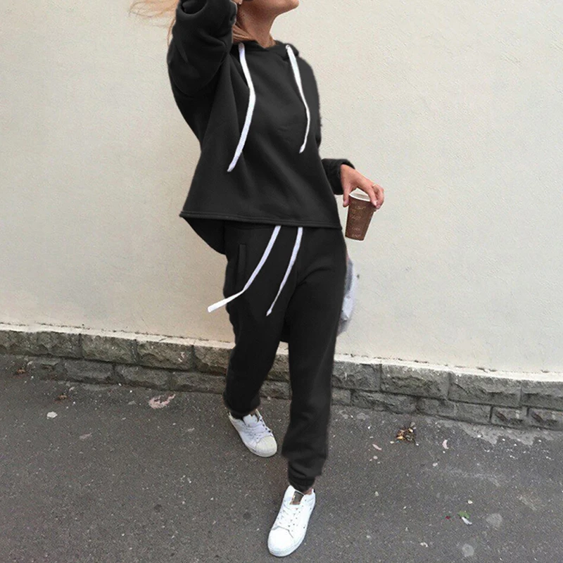 2 шт., женские повседневные спортивные толстовки с капюшоном, костюмы, Толстовка+ спортивные штаны, комплект, теплая одежда, спортивный костюм, женский однотонный цвет, простой стиль