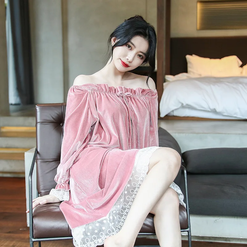 

Velvet Nightdress Femme Sleepwear Robe Kimono Bath Gown Lace Bow Intimate Lingerie Long Sleeve Nightwear Spring Home Wear