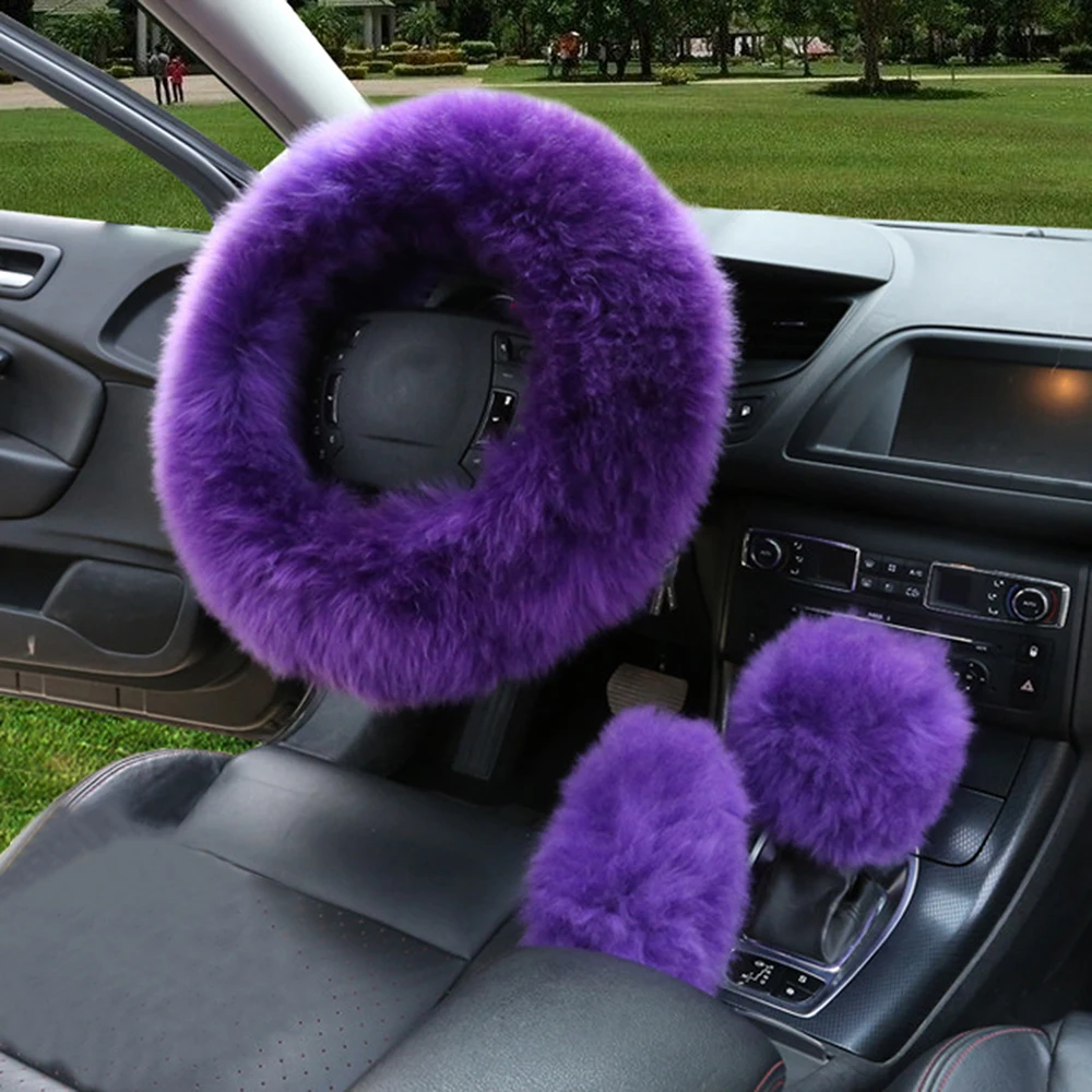 

Автомобильный чехол для остановки автомобиля, Шерстяной Чехол, универсальный меховой набор из трех предметов, чехол рулевого колеса автомо...