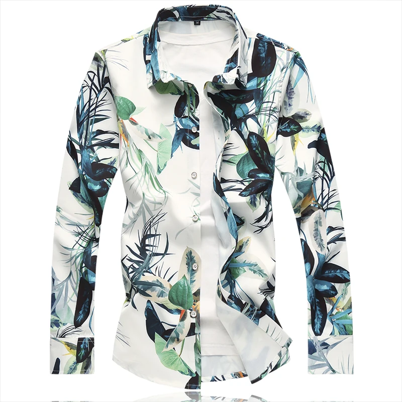 

2021 Fall Hawaiian print shirt Men's plus size long sleeve stretch shirt 5XL 6XL 7XL oversized button up shirt