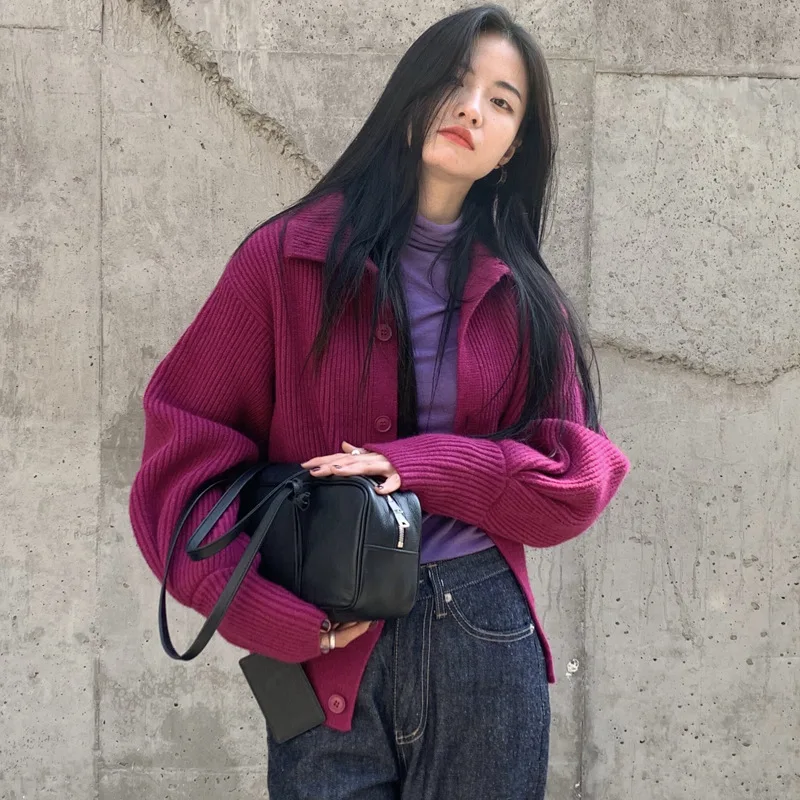 

ZCSMLL Grey Knitted Women Sweater Long Sleeve Korean Fashion Autumn Winter Casual turn-down collar Pullover Black Female 2021