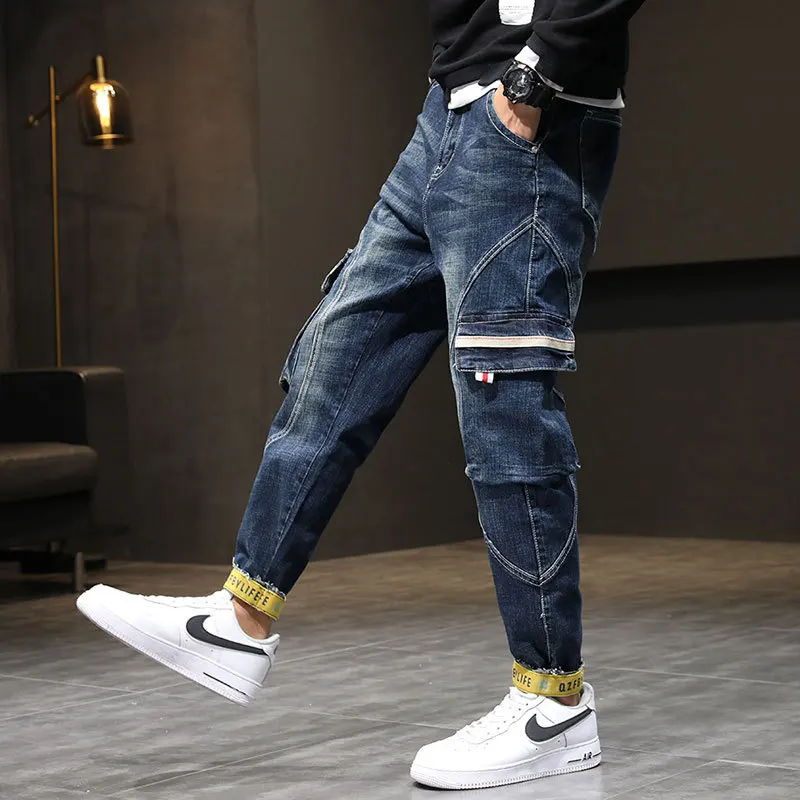 

Autumn and winter tooling jeans men's Japanese loose-fitting pants trendy harem pants multi-pocket plus size overalls