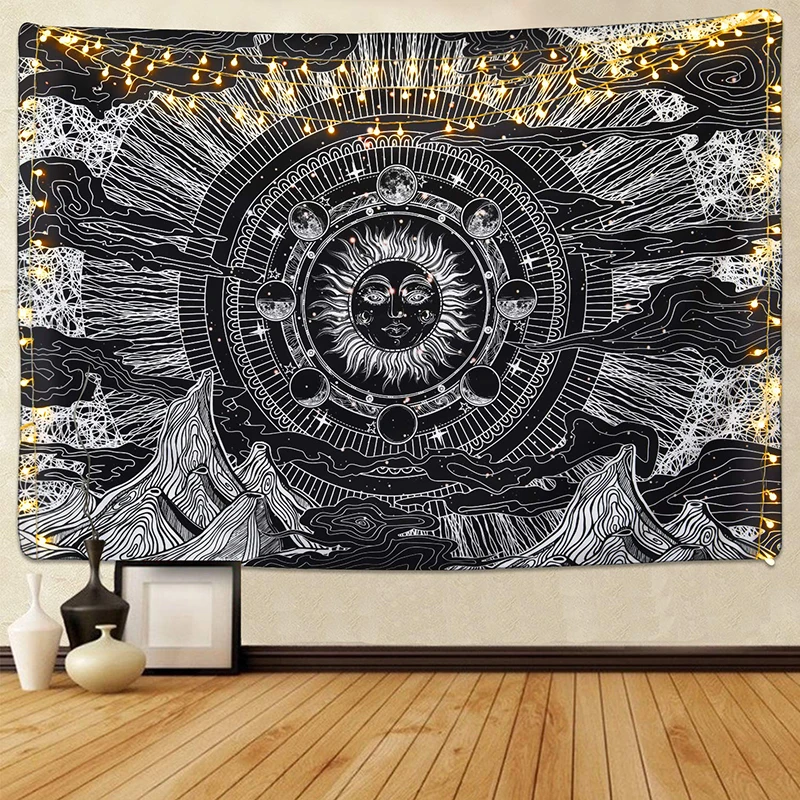 

Psychedelic Sun Moon Stars Mandala wall tapestry Hippie Celestial macrame wall hanging India Trippy boho decor Tapestries