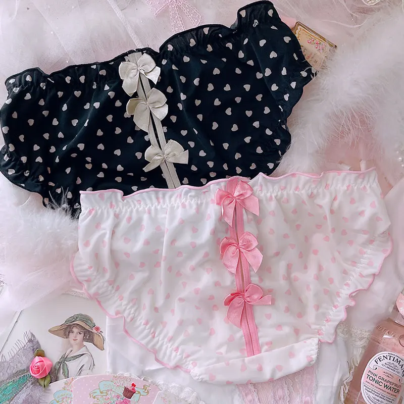 

Summer Ice Silk Cool Sweet Hollow Bow Shorts Women's Underwear Love Heart Girl Mid-Waist Sexy Milk Silk Triangle Underwear