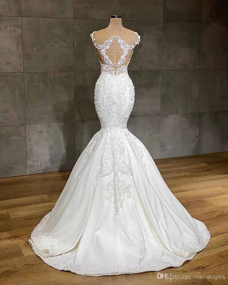 2020 Luxurious Mermaid Lace Wedding Dresses Jewel Neck Full Appliqued Crystal Long Cathedral Train Bridal Gowns | Свадьбы и