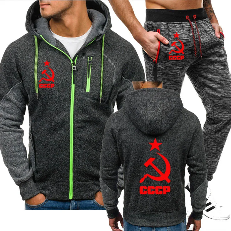 

Mens Jacket sweatshirt Unique CCCP Russian USSR Soviet Union Printed Men Hoodies+Pants 2Pcs suit Fleece Thick sportwear