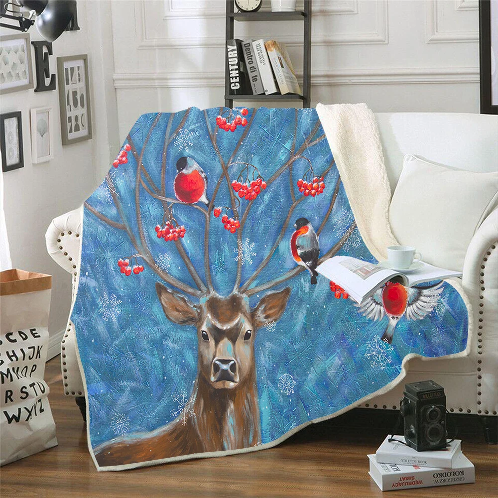 

Winter Bed Blanket Elk Cartoon Print Bed Plaid Warm and Soft Plaid on The Sofa Nap Blanket Plaid Noel Throwing Blanket Flannel
